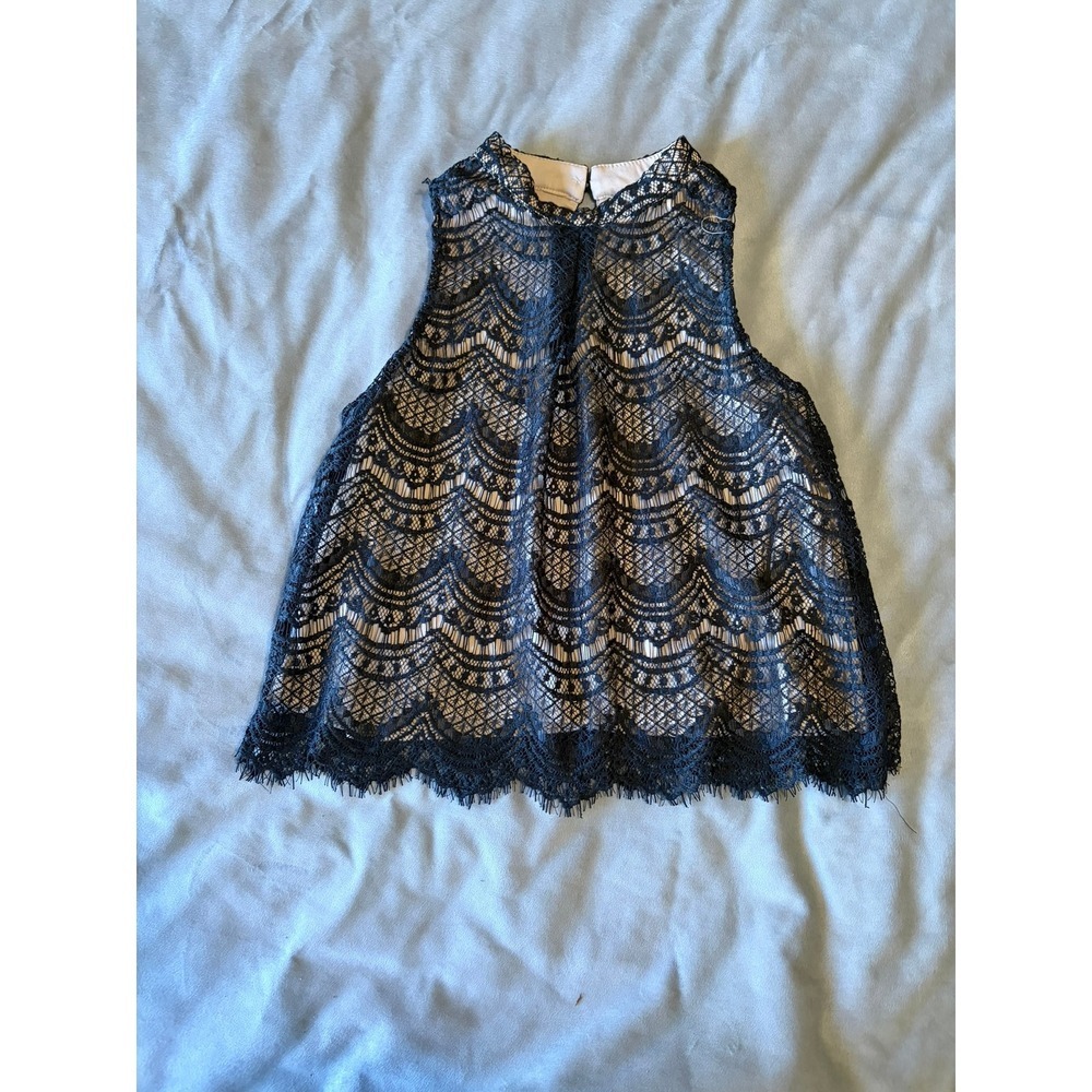 Haute Monde Womens Black Lace Mock Neck Sleeveless Top Tan Lining Size Small